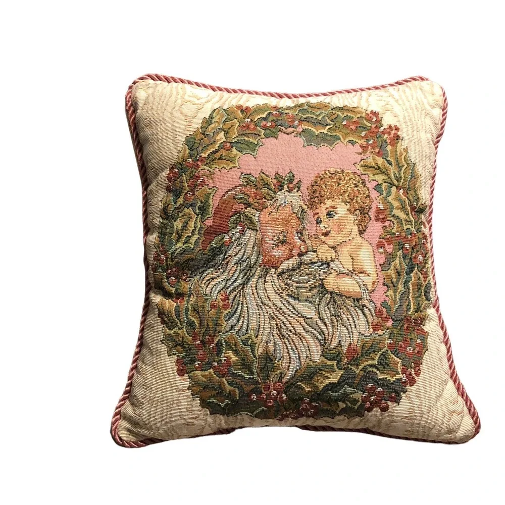 Cherub Santa Christmas Tapestry Pillow Springmaid Wamsutta‎ Braid Vintage USA